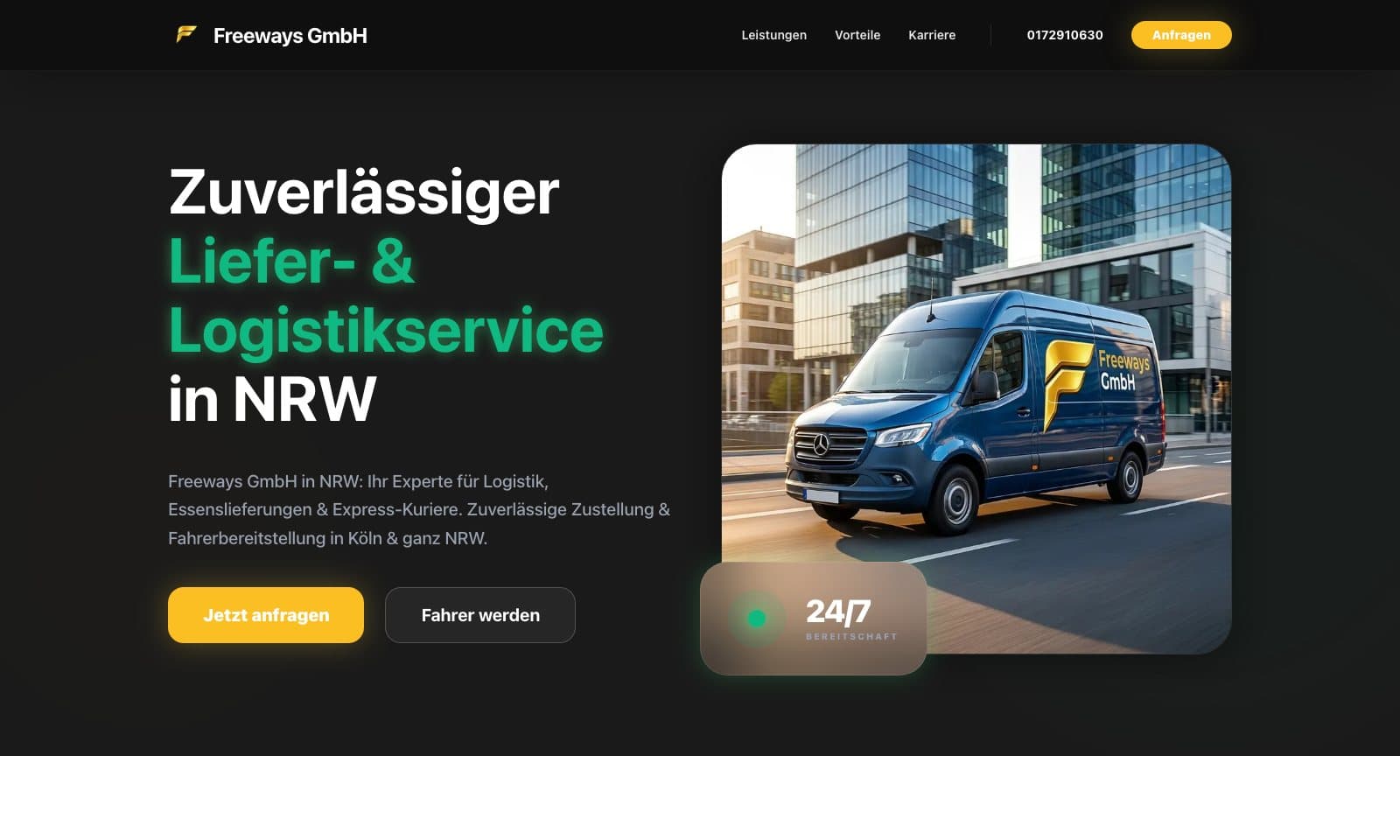 Startseitenansicht der Freeways Website mit Logistikangebot, NRW-Fokus und Anfrageweg.