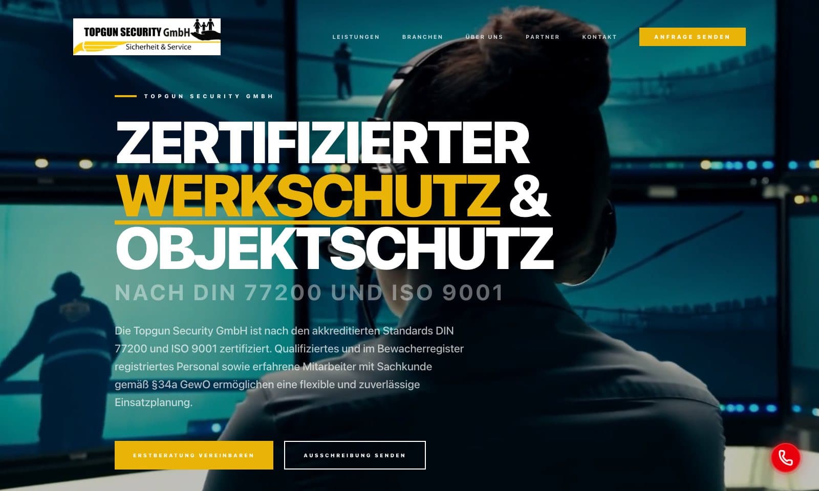 Startseitenansicht der Website von Topgun Security mit Werkschutz, Objektschutz und Anfrageführung.