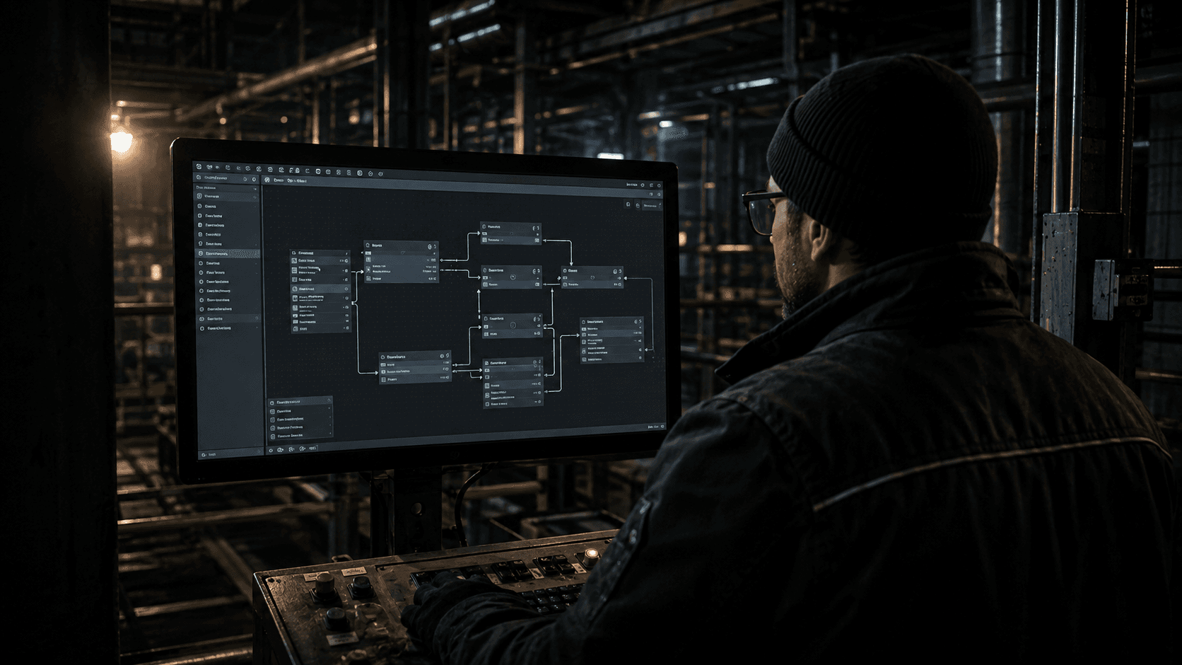 Technischer Mitarbeiter vor einem verbundenen Automatisierungs-Workflow