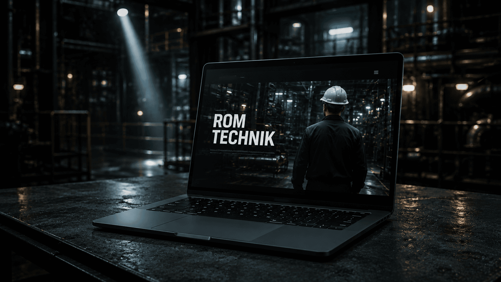 ROM Technik Website auf einem Laptop in der Produktion